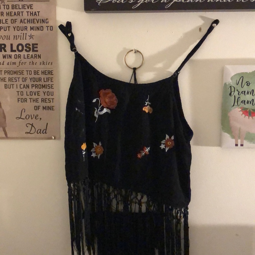 Black, embroidered flower tank top, string tassels